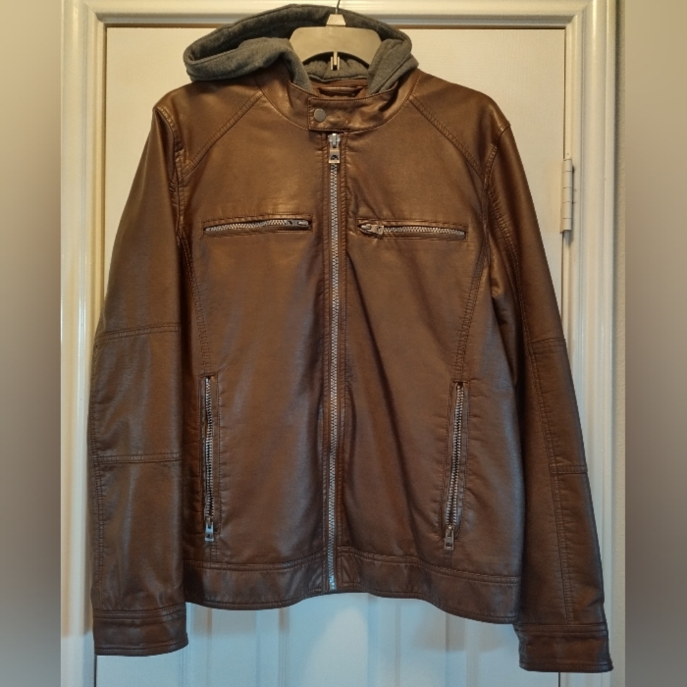 Guess Zip Up Jacket Mens Medium Faux-Leather Motorcycle Detachable Hood Brown